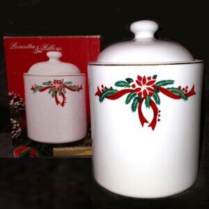 Vintage Poinsettia & Ribbons Of Fine CHINA Cookie/Biscuit Jar NWT